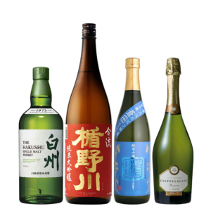 「白州 NA」 × 「楯野川 純米大吟醸 合流 1.8L」 × 「喜多屋 純米吟醸 蒼田 720ml」 × 「カステルブラン ブリュット レゼルヴ NV」 各1本